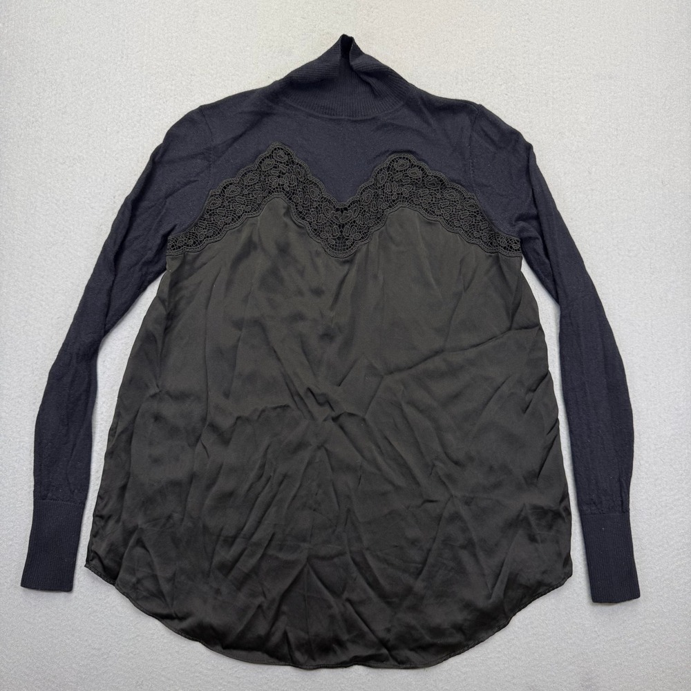 Sandro Paris Black Mixed Media Wool Silk Lace Mock Neck Sweater S2104H-20